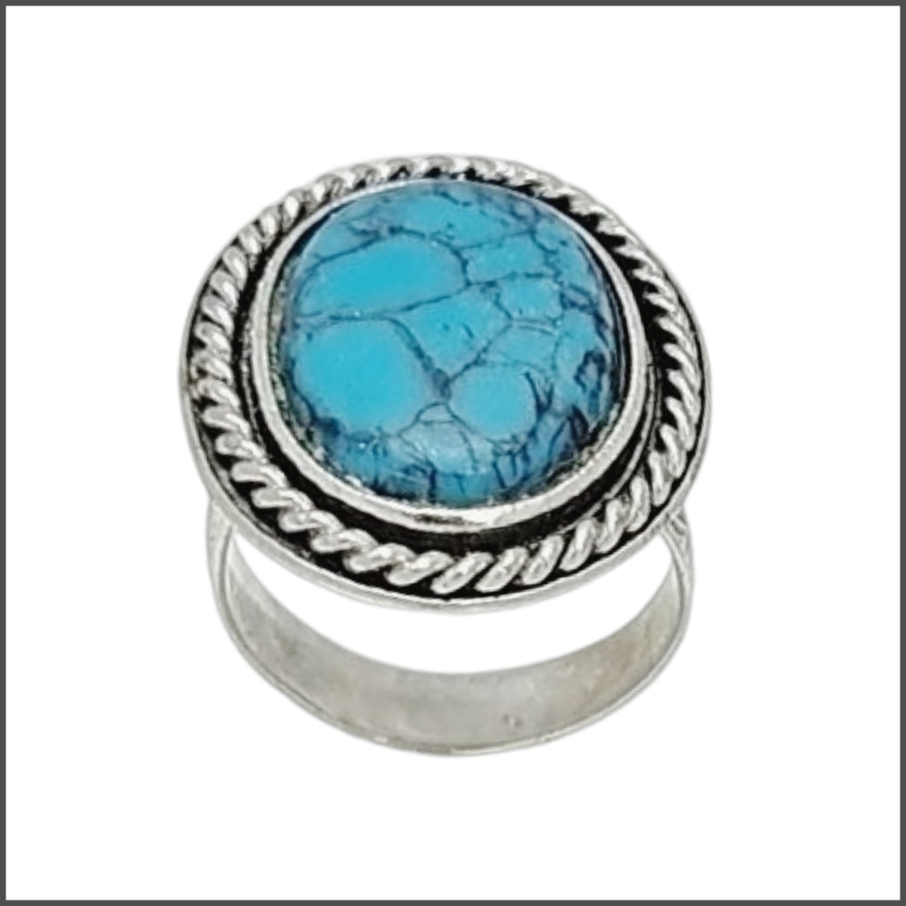 Silver Tone Ring with Faux Blue Turquoise. Adjustable
